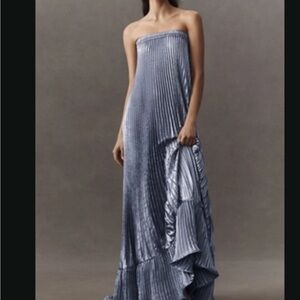 Elegant Strapless Metallic Dress in Cosmic Shimmer. Maxi length with ruffled hem